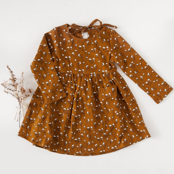 Cotton Puff Long Sleeve Pocket Dress - Acorn