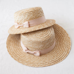 Mama Daughter Straw Boater Sun Hat - Pink Ribbon
