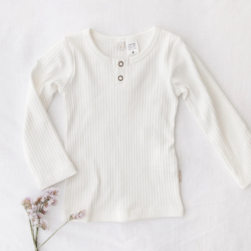 Willow Long Sleeve Henley Cotton Top - Warm White
