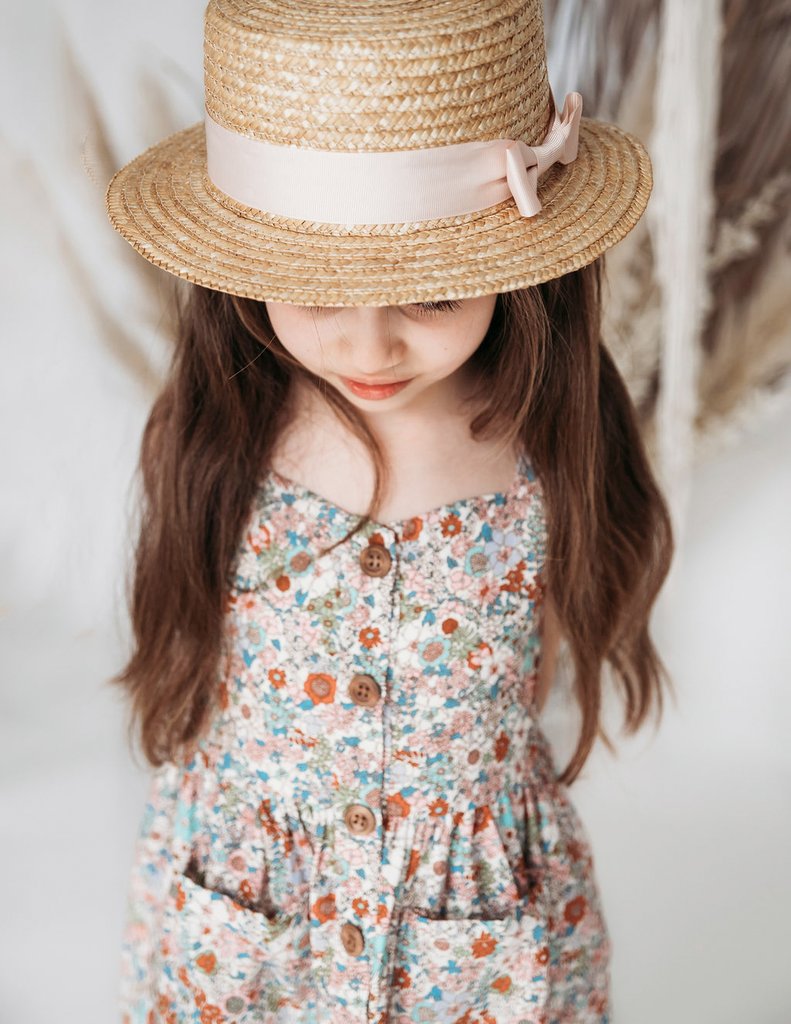 Mama Daughter Straw Boater Sun Hat - Pink Ribbon
