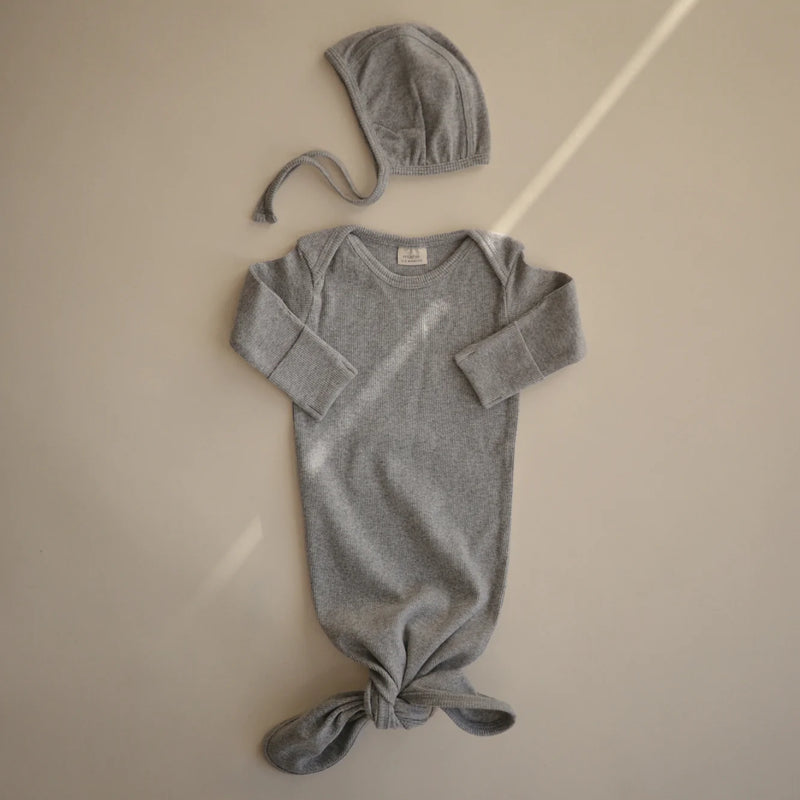 Ribbed Knotted Baby Gown - Grey Melange (0-3 months)